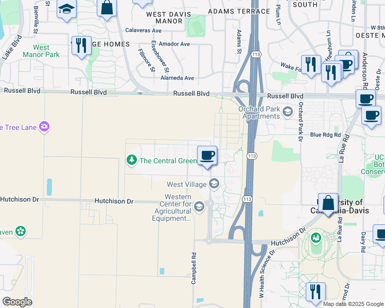 map of restaurants, bars, coffee shops, grocery stores, and more near 298 Celadon Street in Davis