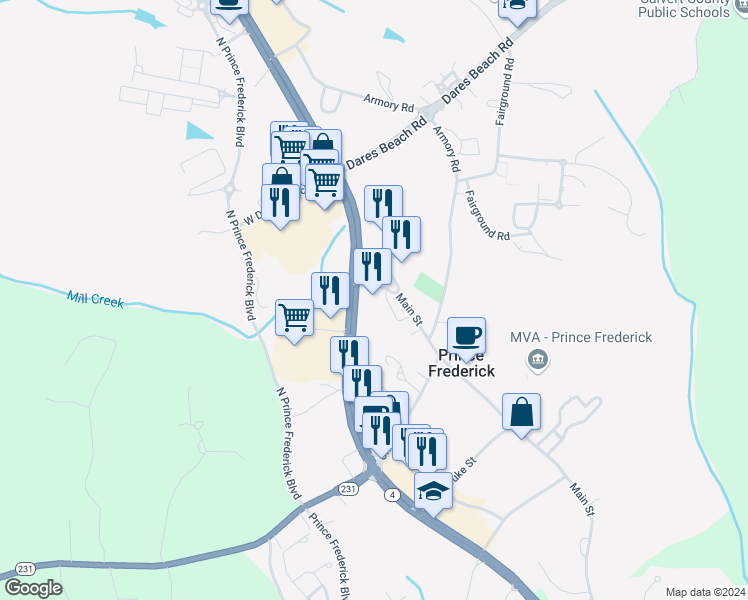 map of restaurants, bars, coffee shops, grocery stores, and more near 60 Commerce Lane in Prince Frederick