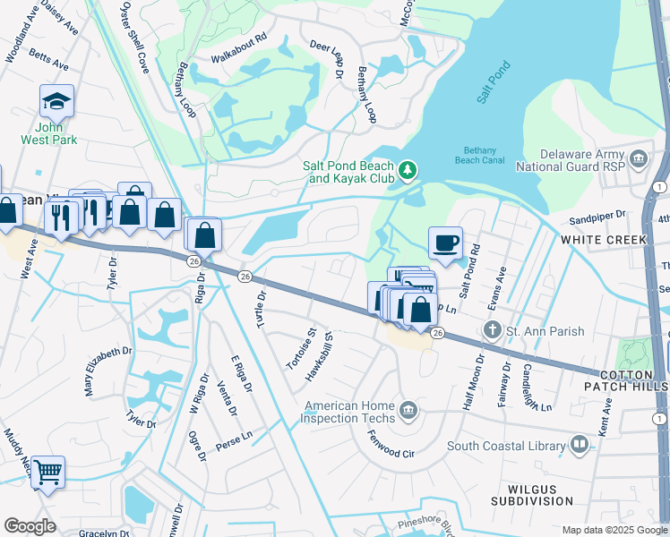 map of restaurants, bars, coffee shops, grocery stores, and more near 827A Westwood Avenue in Bethany Beach