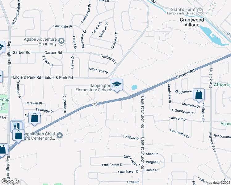 map of restaurants, bars, coffee shops, grocery stores, and more near 11011 Gravois Road in Sappington