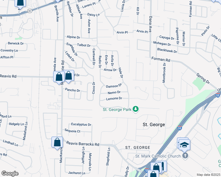 map of restaurants, bars, coffee shops, grocery stores, and more near 9210 Damson Drive in Affton