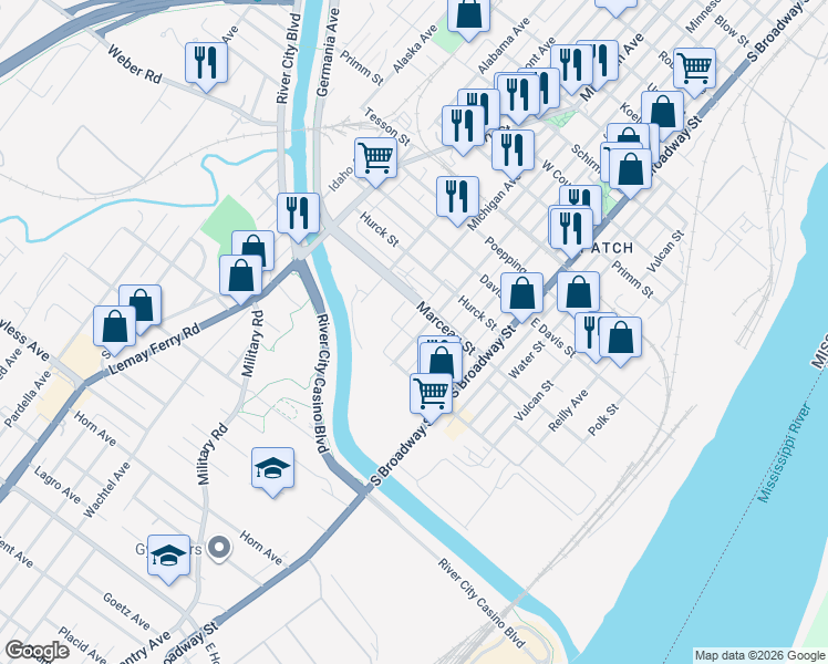 map of restaurants, bars, coffee shops, grocery stores, and more near 8425 Minnesota Avenue in St. Louis
