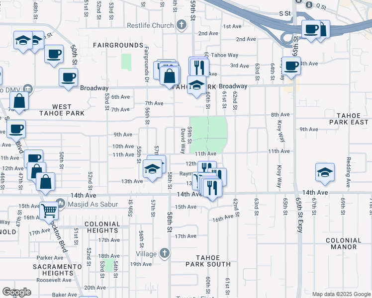 map of restaurants, bars, coffee shops, grocery stores, and more near 3561 David Way in Sacramento