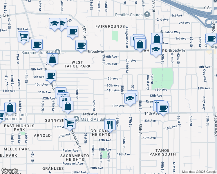 map of restaurants, bars, coffee shops, grocery stores, and more near 5340 10th Avenue in Sacramento