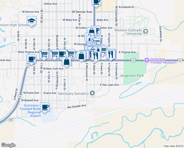map of restaurants, bars, coffee shops, grocery stores, and more near 217 South Main Street in Gunnison
