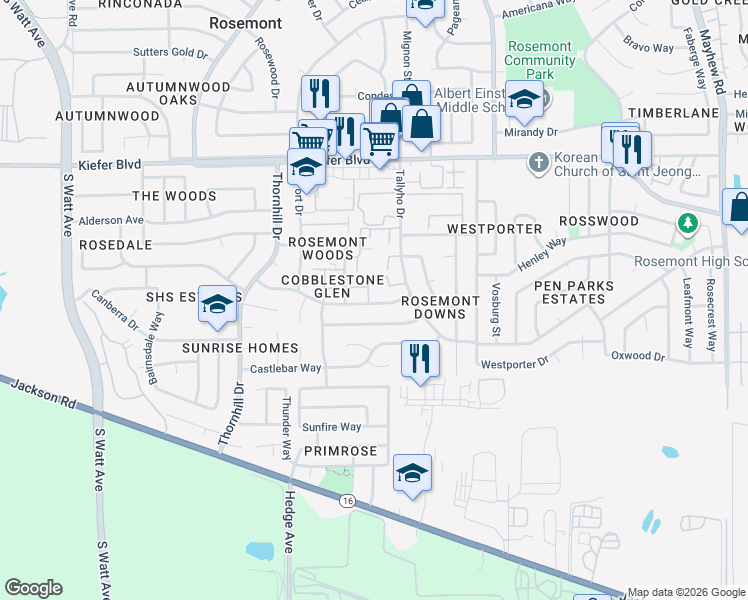 map of restaurants, bars, coffee shops, grocery stores, and more near 9142 Newhall Drive in Sacramento