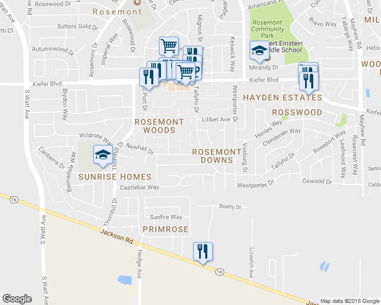 map of restaurants, bars, coffee shops, grocery stores, and more near 9142 Newhall Drive in Sacramento