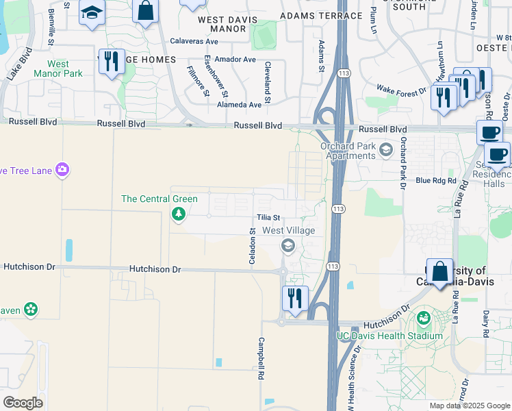 map of restaurants, bars, coffee shops, grocery stores, and more near 298 Celadon Street in Davis