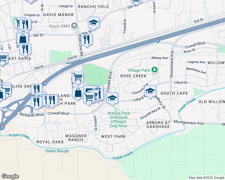 map of restaurants, bars, coffee shops, grocery stores, and more near 1200 Farragut Circle in Davis