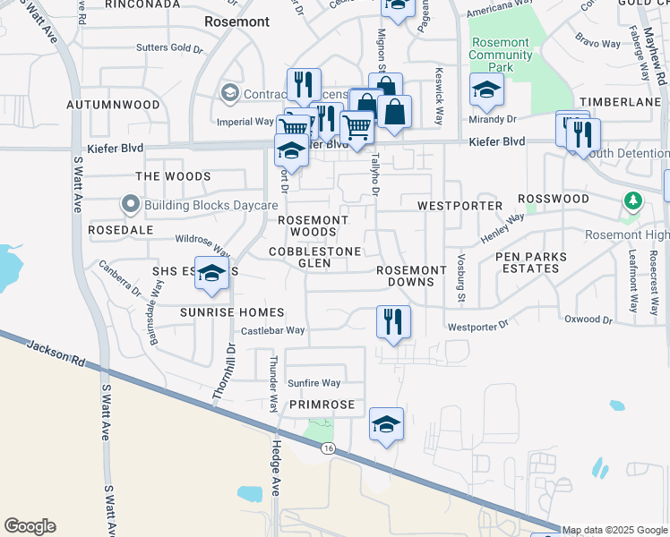 map of restaurants, bars, coffee shops, grocery stores, and more near 9117 Newhall Drive in Sacramento