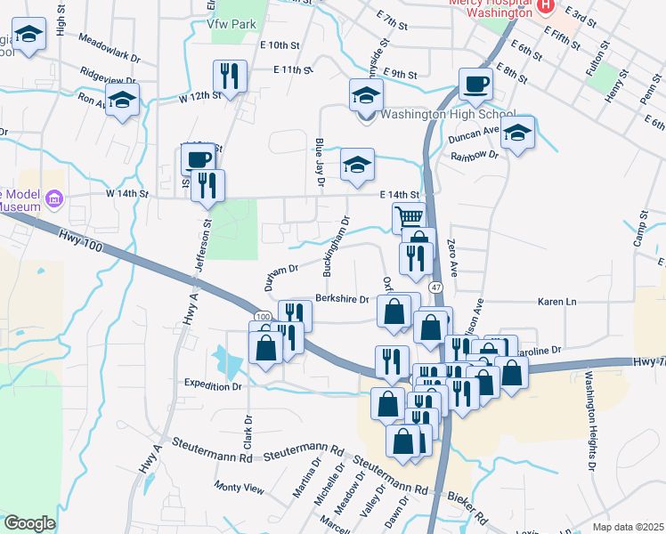 map of restaurants, bars, coffee shops, grocery stores, and more near 12 Buckingham Drive in Washington