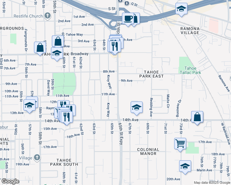map of restaurants, bars, coffee shops, grocery stores, and more near 3540 65th Street in Sacramento