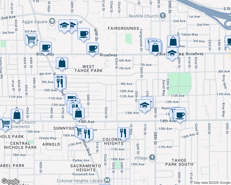 map of restaurants, bars, coffee shops, grocery stores, and more near 3500 53rd Street in Sacramento