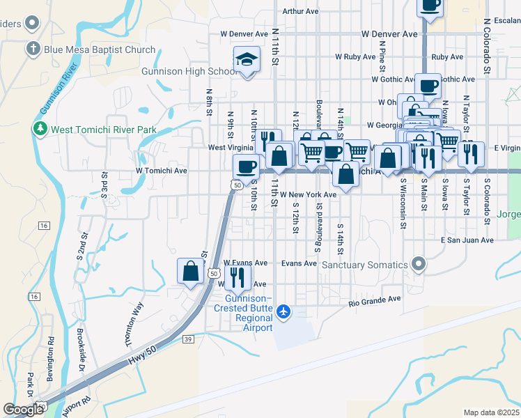 map of restaurants, bars, coffee shops, grocery stores, and more near 219 South 11th Street in Gunnison