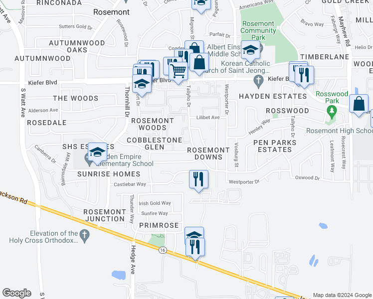 map of restaurants, bars, coffee shops, grocery stores, and more near 3963 Tallyho Drive in Sacramento