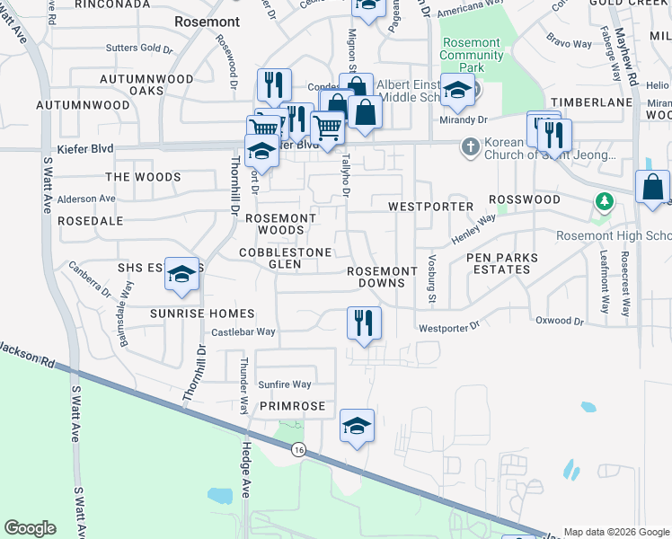 map of restaurants, bars, coffee shops, grocery stores, and more near 9142 Newhall Drive in Sacramento