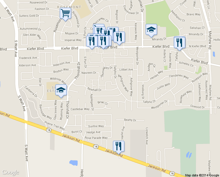 map of restaurants, bars, coffee shops, grocery stores, and more near 9142 Newhall Drive in Sacramento