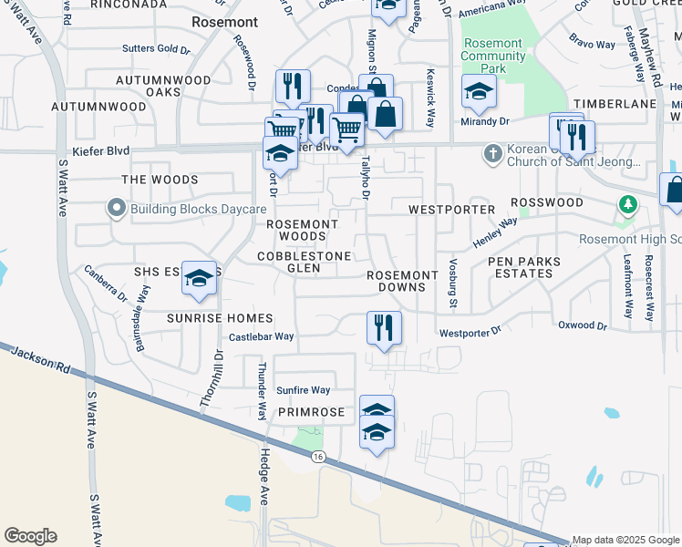 map of restaurants, bars, coffee shops, grocery stores, and more near 9142 Newhall Drive in Sacramento