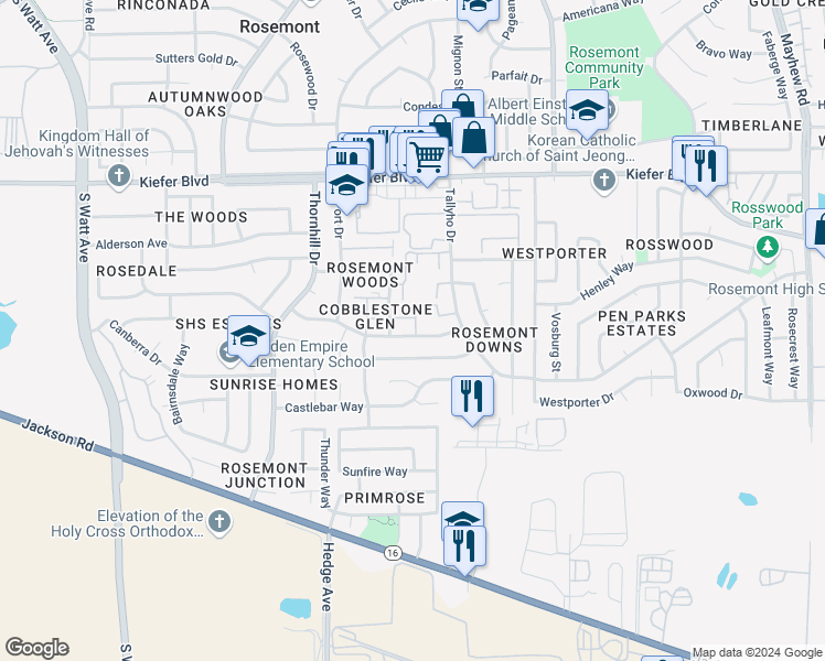 map of restaurants, bars, coffee shops, grocery stores, and more near 9142 Newhall Drive in Sacramento