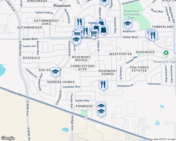 map of restaurants, bars, coffee shops, grocery stores, and more near 9114 Newhall Drive in Sacramento