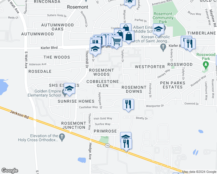 map of restaurants, bars, coffee shops, grocery stores, and more near 9114 Newhall Drive in Sacramento