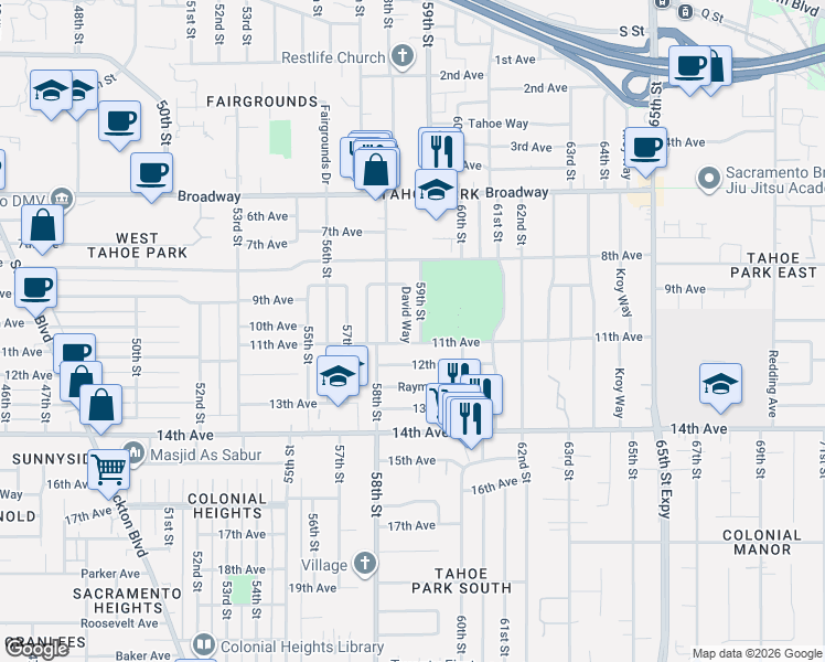 map of restaurants, bars, coffee shops, grocery stores, and more near 3561 David Way in Sacramento