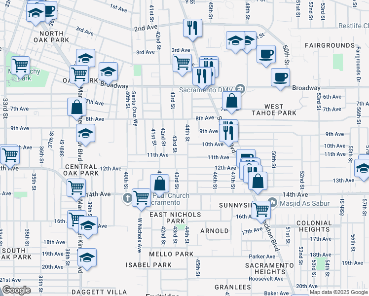 map of restaurants, bars, coffee shops, grocery stores, and more near 4416 10th Avenue in Sacramento