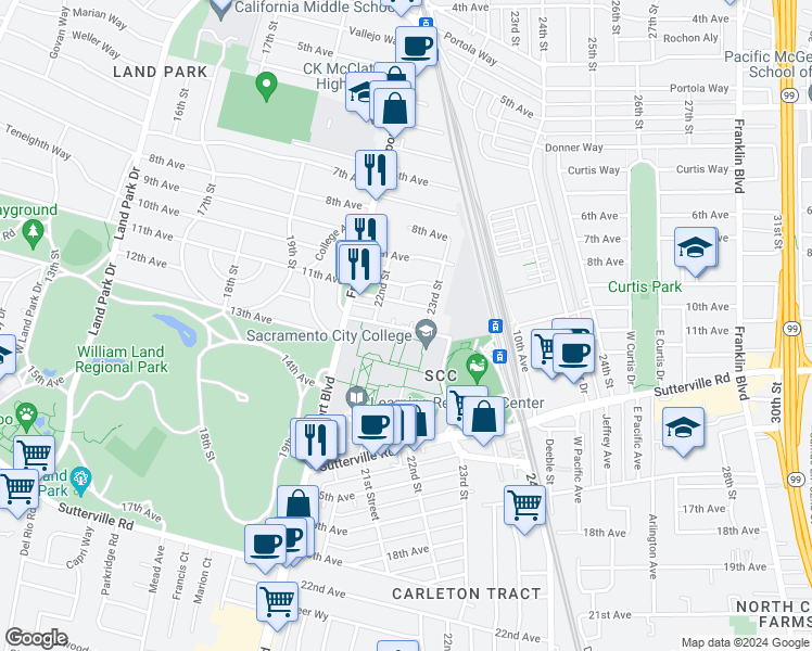 map of restaurants, bars, coffee shops, grocery stores, and more near 2227 12th Avenue in Sacramento