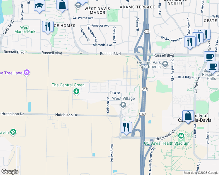 map of restaurants, bars, coffee shops, grocery stores, and more near 298 Celadon Street in Davis