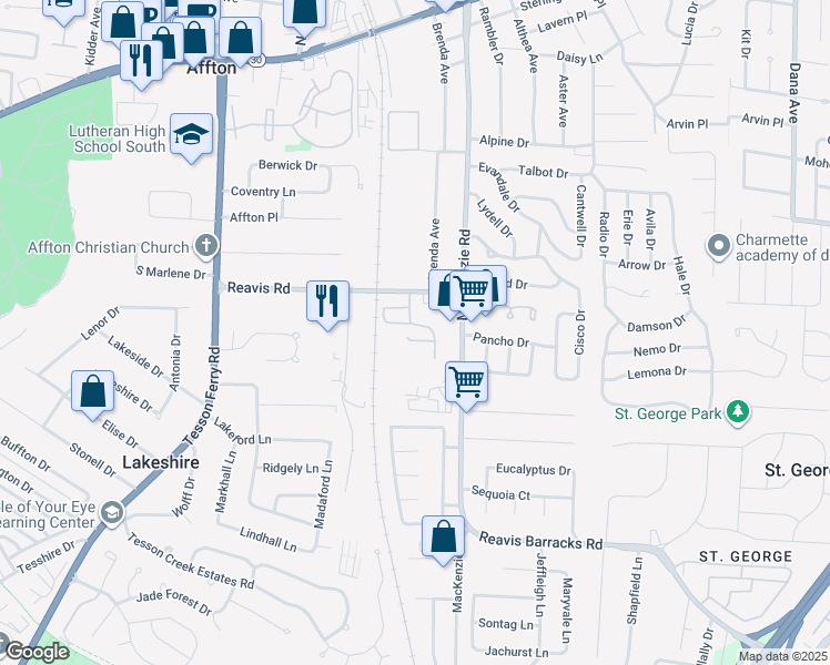 map of restaurants, bars, coffee shops, grocery stores, and more near 9755 Newham Drive in St. Louis