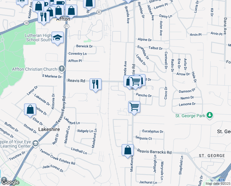 map of restaurants, bars, coffee shops, grocery stores, and more near 9755 Newham Drive in St. Louis
