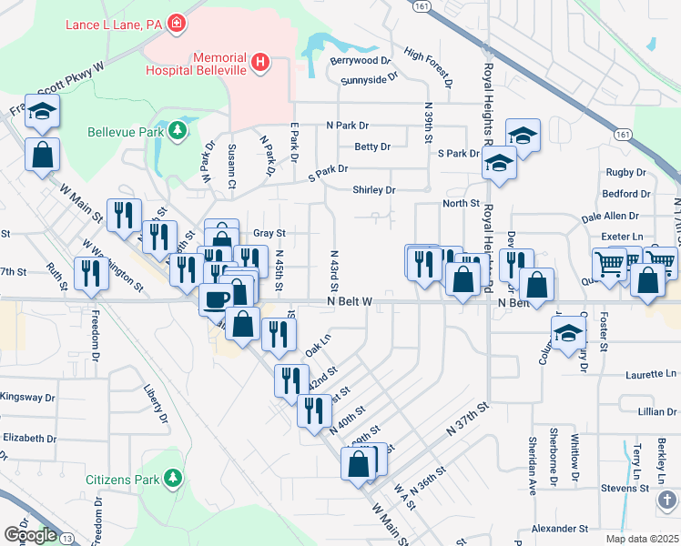 map of restaurants, bars, coffee shops, grocery stores, and more near 320 North 43rd Street in Belleville