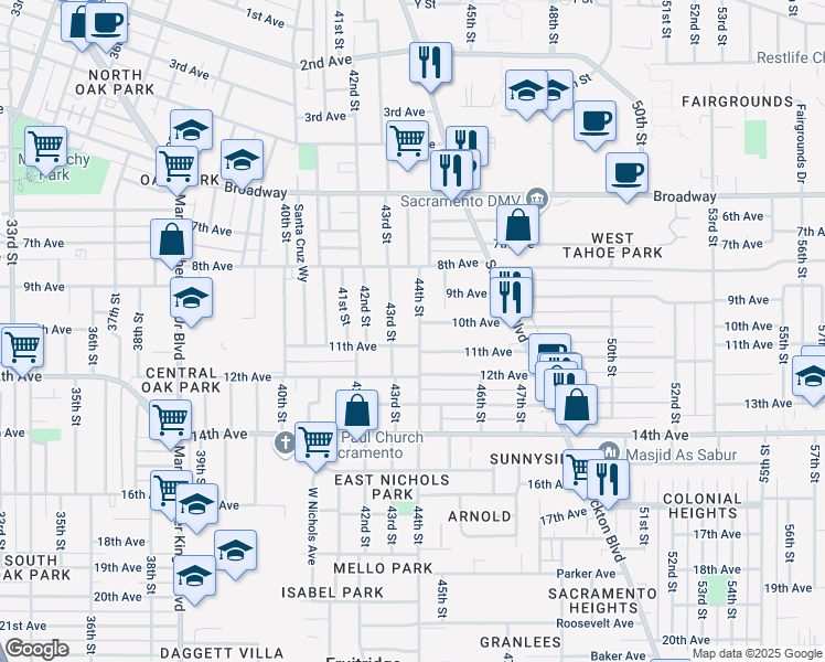 map of restaurants, bars, coffee shops, grocery stores, and more near 4416 10th Avenue in Sacramento
