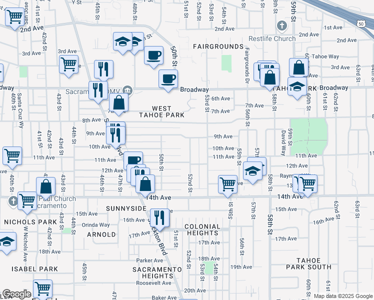 map of restaurants, bars, coffee shops, grocery stores, and more near 3500 52nd Street in Sacramento