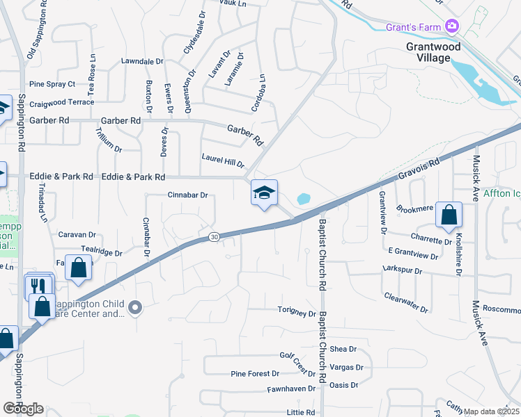map of restaurants, bars, coffee shops, grocery stores, and more near 11011 Gravois Road in Sappington