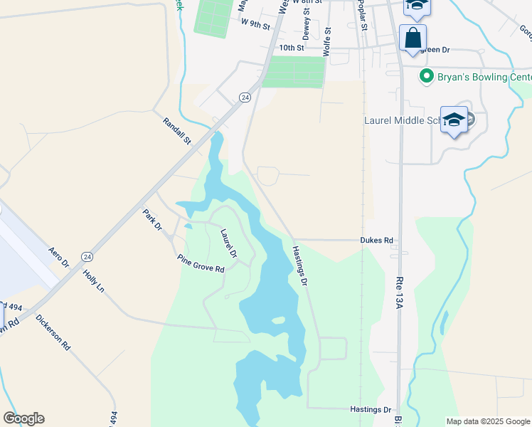 map of restaurants, bars, coffee shops, grocery stores, and more near 32256 Hastings Drive in Laurel