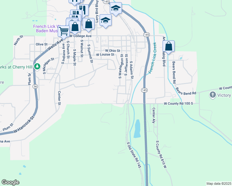 map of restaurants, bars, coffee shops, grocery stores, and more near 919 South Washington Street in French Lick
