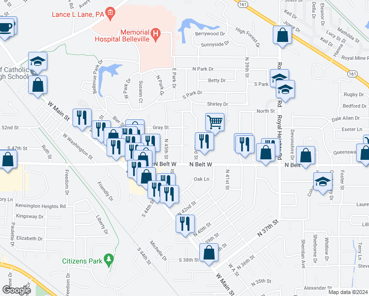 map of restaurants, bars, coffee shops, grocery stores, and more near 126 North 44th Street in Belleville