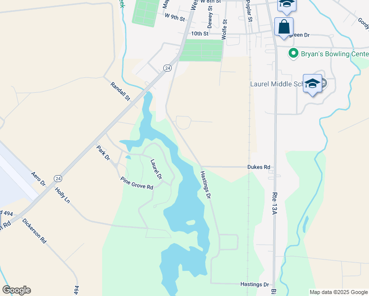 map of restaurants, bars, coffee shops, grocery stores, and more near 32256 Hastings Drive in Laurel