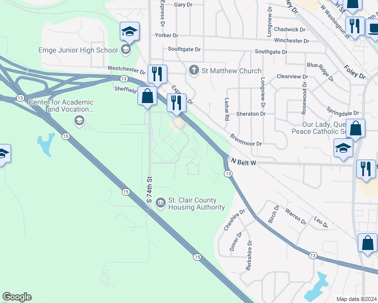 map of restaurants, bars, coffee shops, grocery stores, and more near 71 Hillside Lane in Belleville