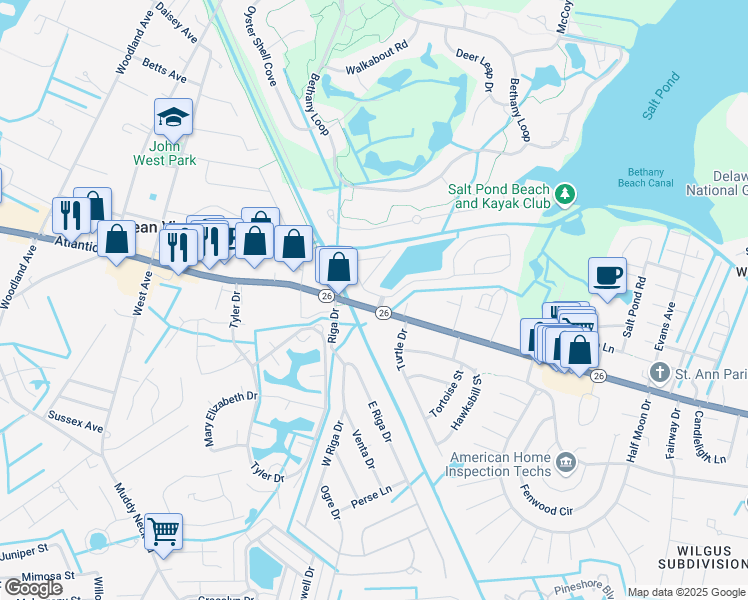 map of restaurants, bars, coffee shops, grocery stores, and more near 978 Lake View Drive in Bethany Beach