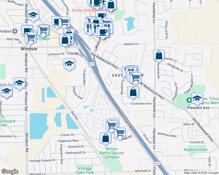 map of restaurants, bars, coffee shops, grocery stores, and more near 206 Courtyards East in Windsor