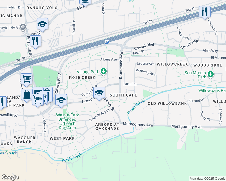 map of restaurants, bars, coffee shops, grocery stores, and more near 3000 Lillard Drive in Davis