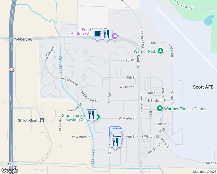 map of restaurants, bars, coffee shops, grocery stores, and more near 310 West Losey Street in Scott Air Force Base
