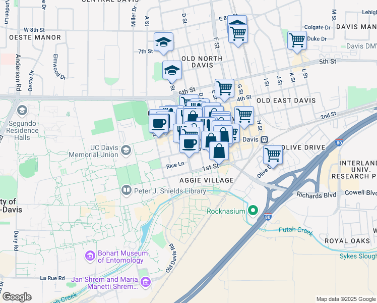 map of restaurants, bars, coffee shops, grocery stores, and more near 312 2nd Street in Davis