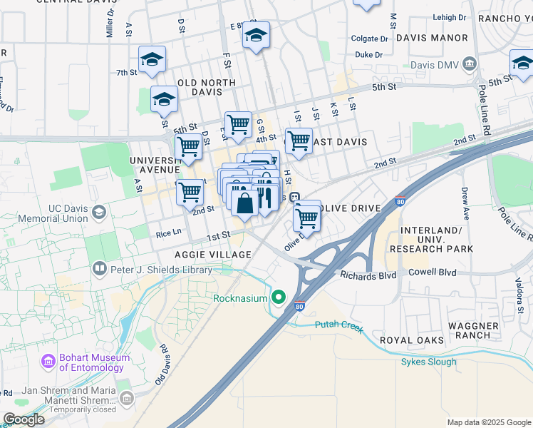 map of restaurants, bars, coffee shops, grocery stores, and more near 110 F Street in Davis