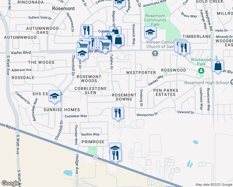 map of restaurants, bars, coffee shops, grocery stores, and more near 3963 Tallyho Drive in Sacramento
