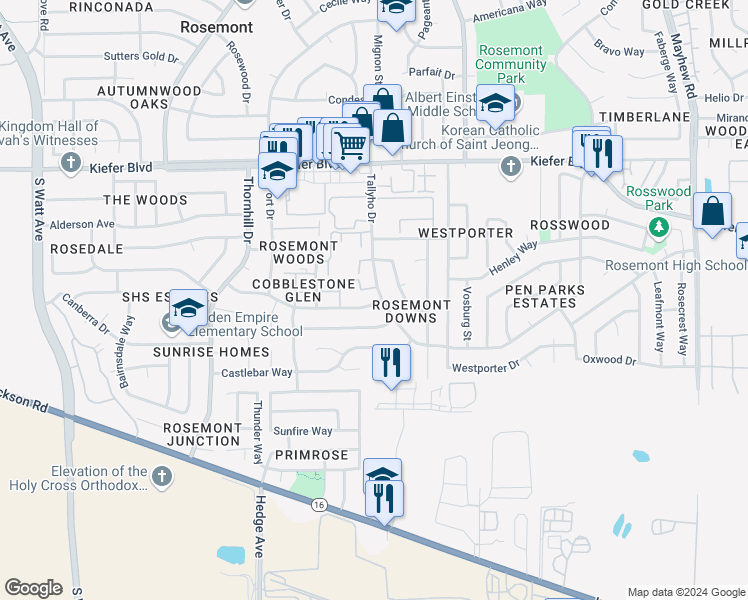 map of restaurants, bars, coffee shops, grocery stores, and more near 3963 Tallyho Drive in Sacramento
