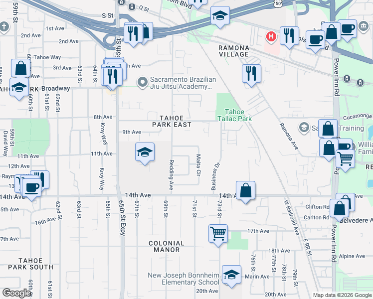 map of restaurants, bars, coffee shops, grocery stores, and more near 6917 McQuillan Circle in Sacramento