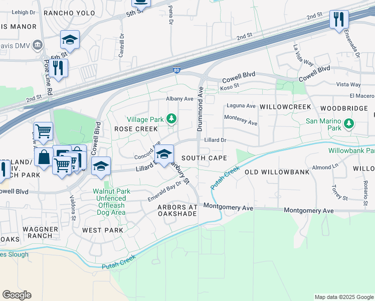 map of restaurants, bars, coffee shops, grocery stores, and more near 3000 Lillard Drive in Davis